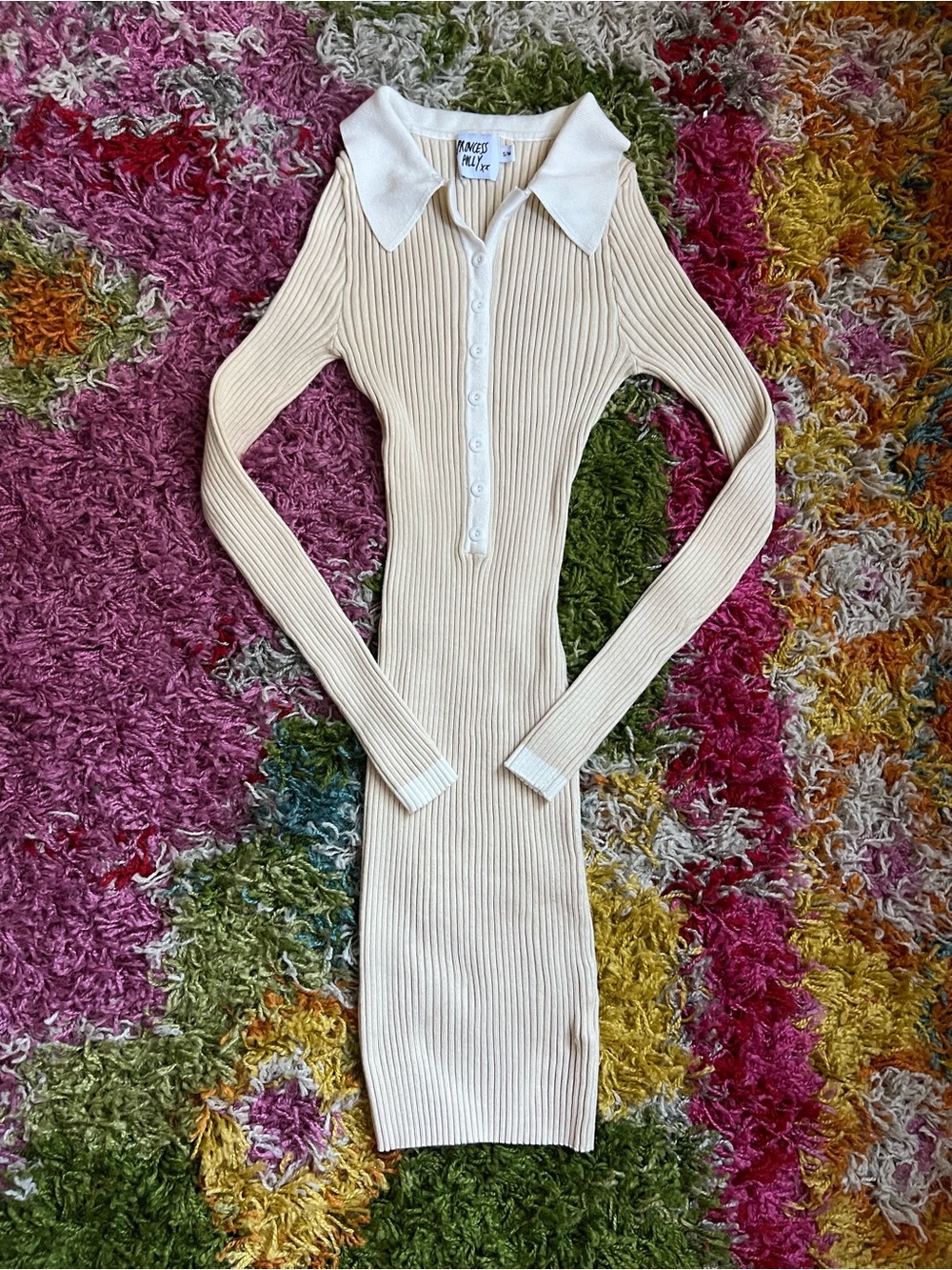 Princess Polly Cream Ribbed Polo Mini Dress with White Collar